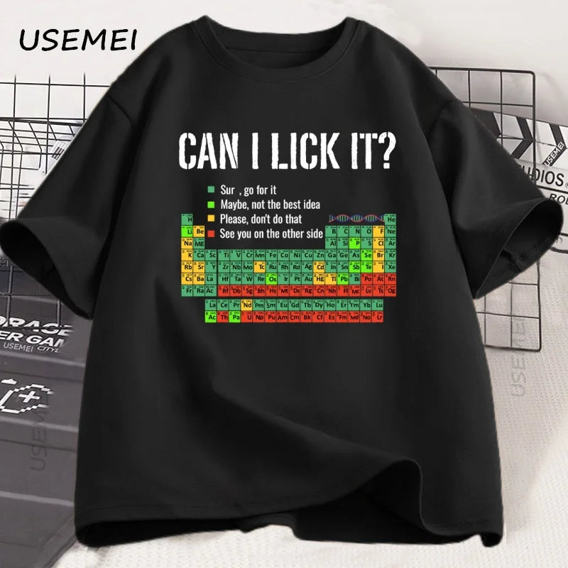 Can I Lick It Periodic Table Tee 🧪😄 Funny Chemistry Cotton T-Shirt - ThiGui