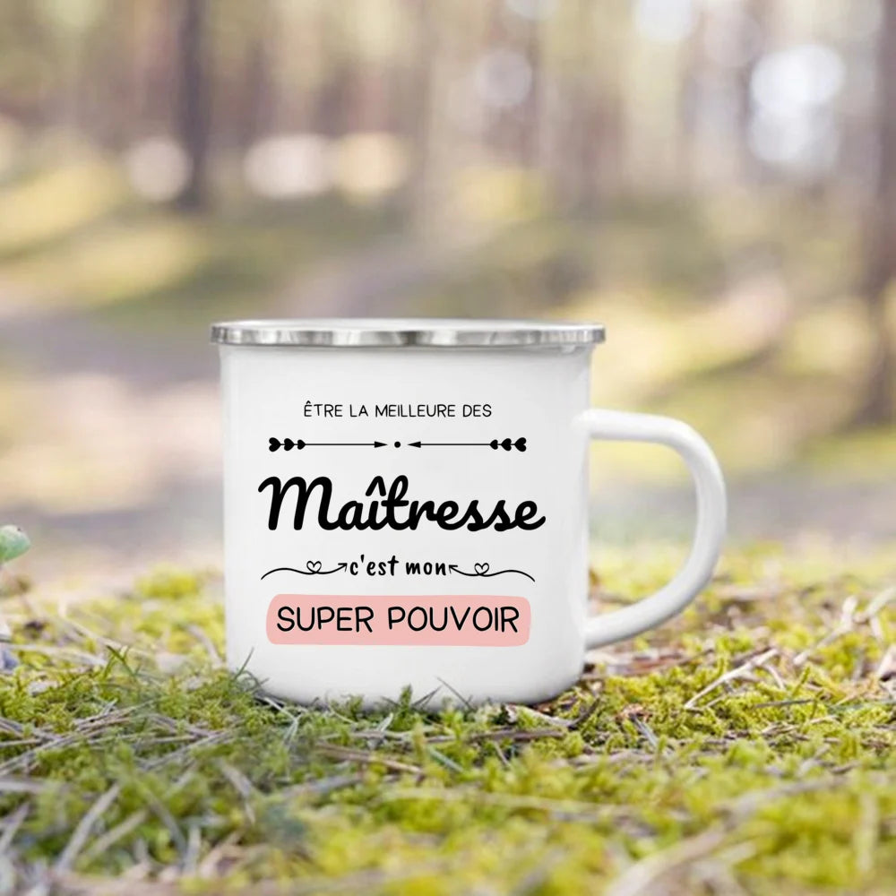 🍵🇫🇷 Merci Maîtresse! Enamel Mug Gift for Teachers with French Charm 🎁💐 - ThiGui