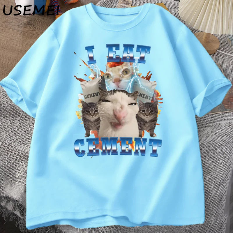 I Eat Cement Cat Meme Tee 🐱😂 Funny Cotton Graphic T-Shirt - ThiGui