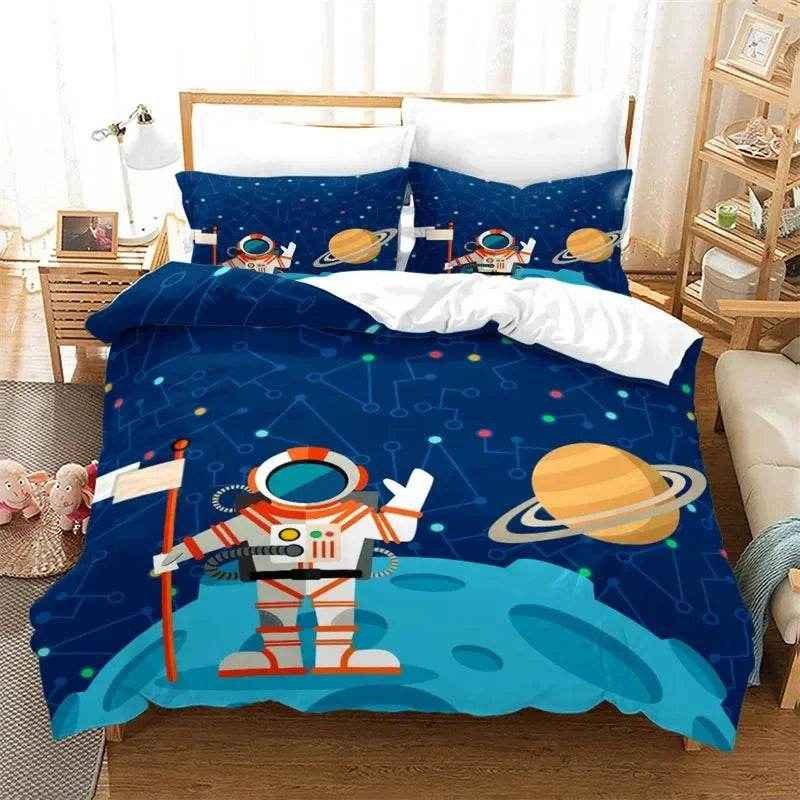 🌕Out-of-This-World Dreams! 🚀 Cartoon Astronaut Bedding Set for Young Space Explorers - ThiGui