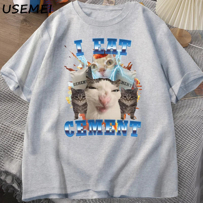 I Eat Cement Cat Meme Tee 🐱😂 Funny Cotton Graphic T-Shirt - ThiGui