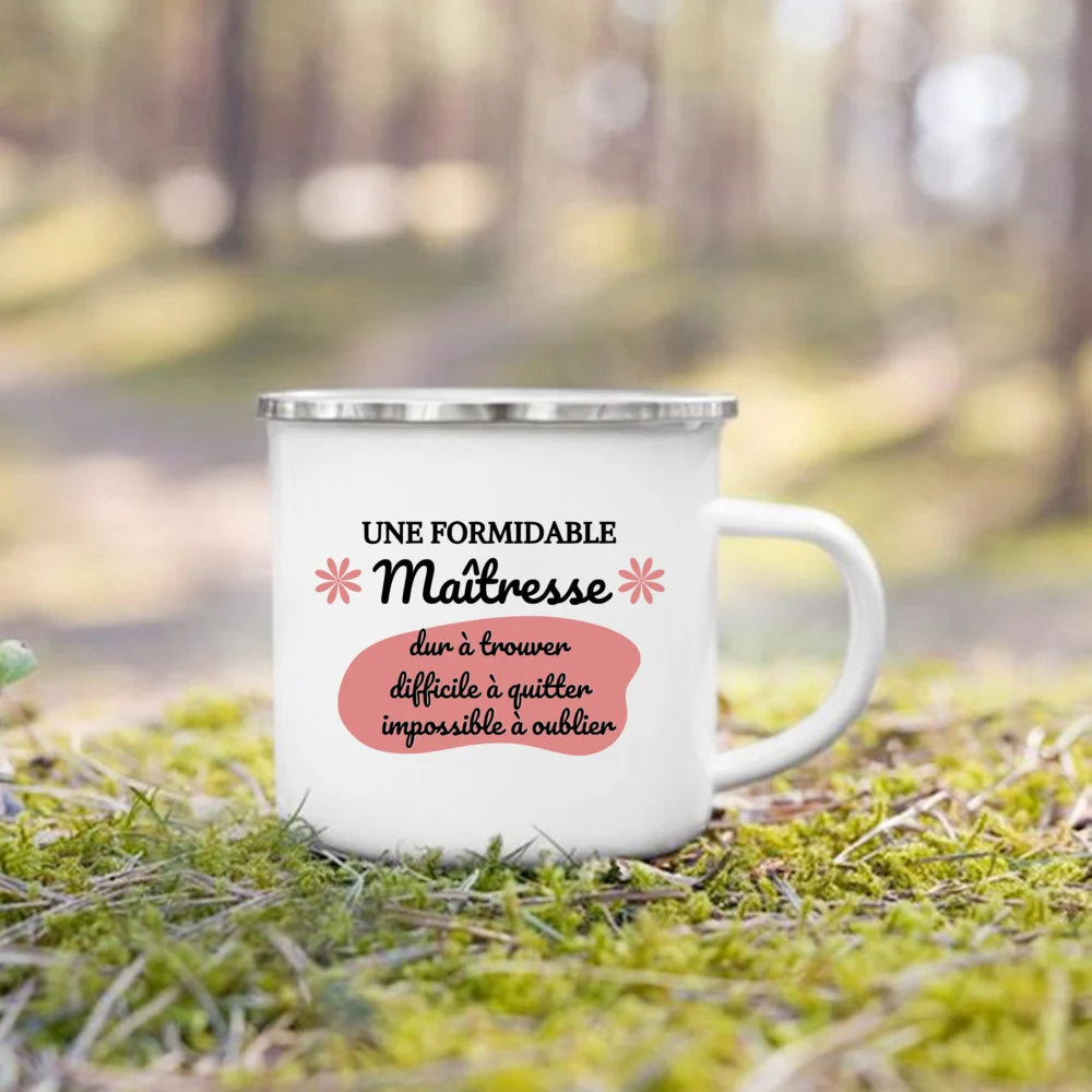 🍵🇫🇷 Merci Maîtresse! Enamel Mug Gift for Teachers with French Charm 🎁💐 - ThiGui