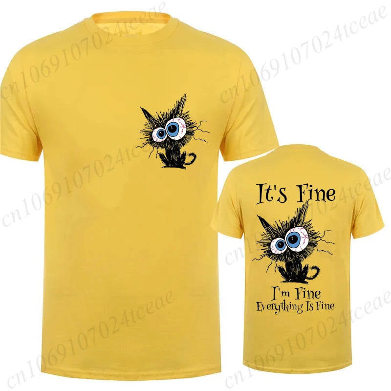 Everything Is Fine Black Cat Tee 🐾🔥 Fun & Comfy Unisex Graphic Shirt - ThiGui
