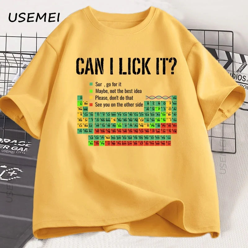 Can I Lick It Periodic Table Tee 🧪😄 Funny Chemistry Cotton T-Shirt - ThiGui