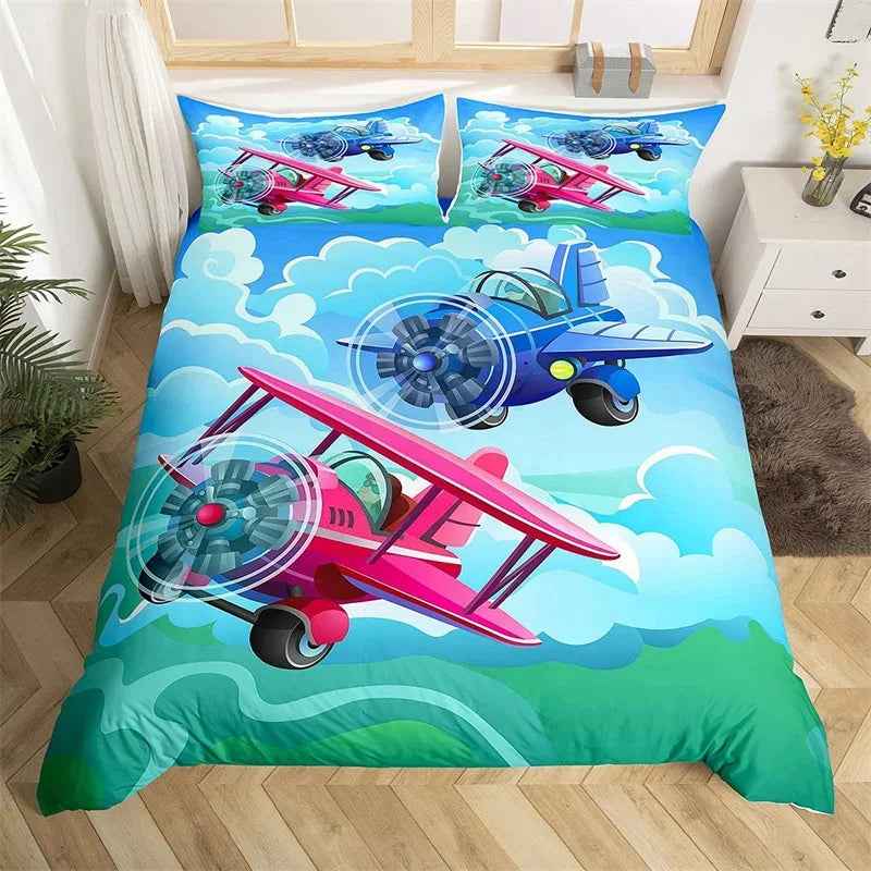 ✈️ Soaring into Sweet Dreams – Cartoon Airplane Bedding Set for Boys - ThiGui