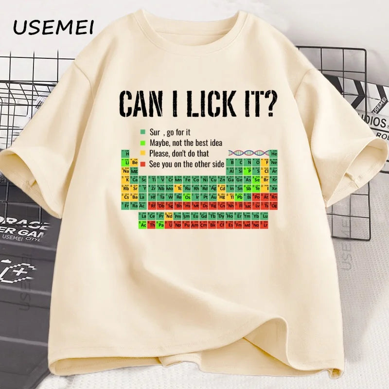 Can I Lick It Periodic Table Tee 🧪😄 Funny Chemistry Cotton T-Shirt - ThiGui