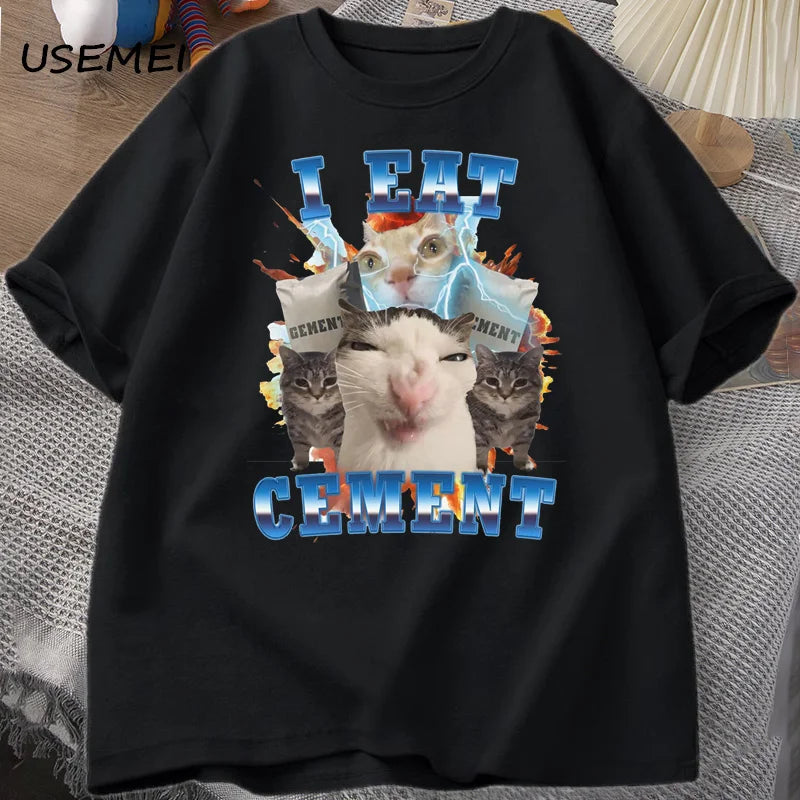 I Eat Cement Cat Meme Tee 🐱😂 Funny Cotton Graphic T-Shirt - ThiGui