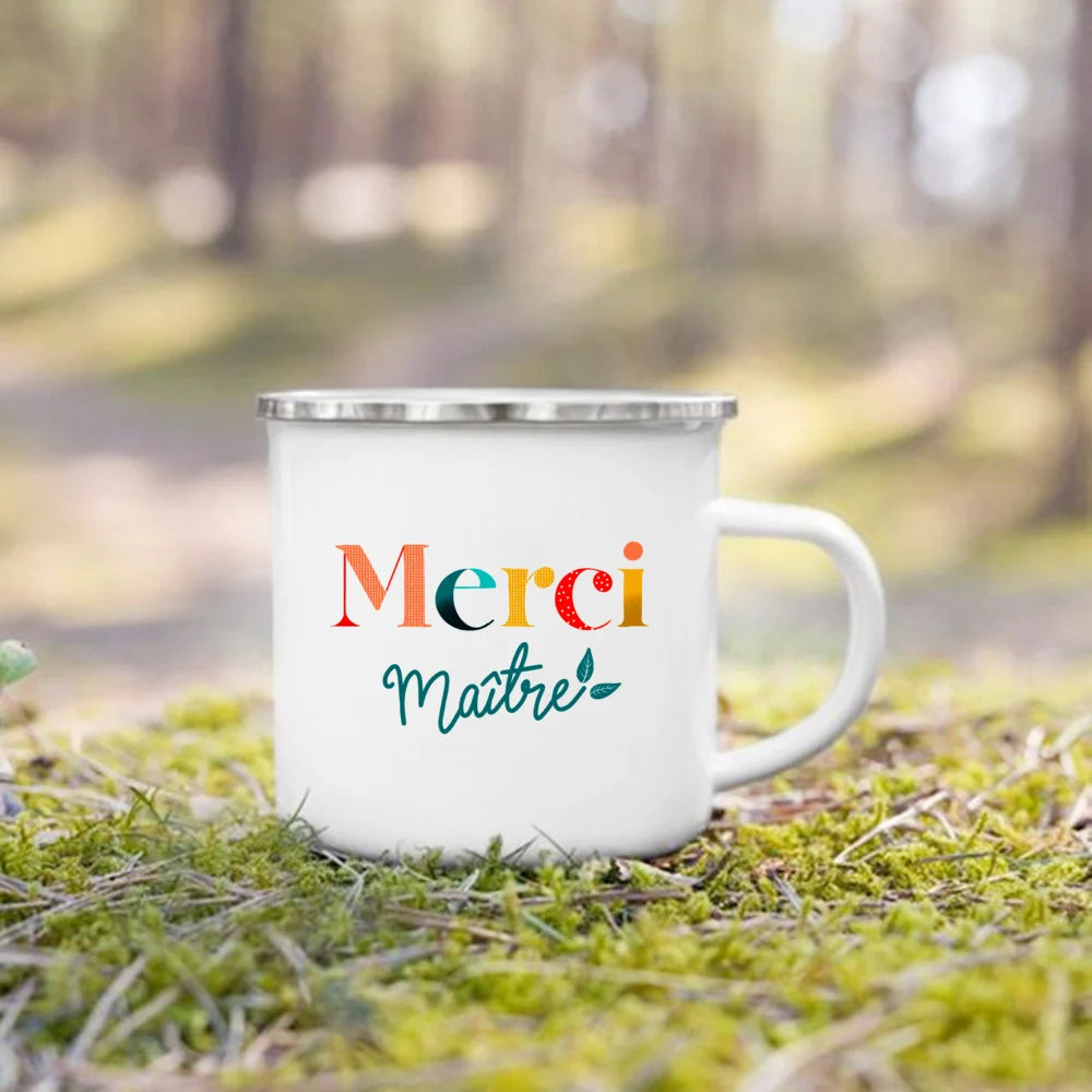🍵🇫🇷 Merci Maîtresse! Enamel Mug Gift for Teachers with French Charm 🎁💐 - ThiGui