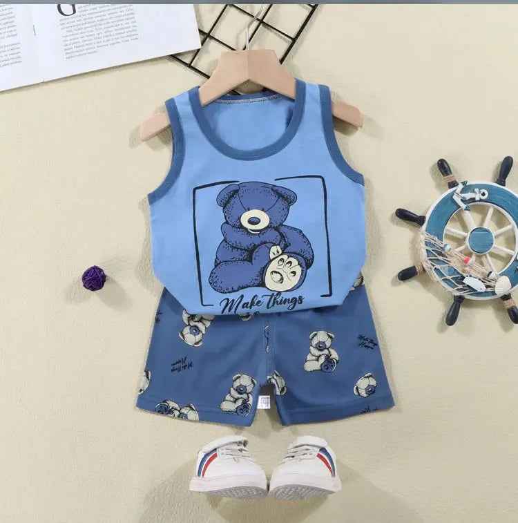 Cool & Comfy! 2-Piece Cotton Vest & Shorts Set for Active Little Boys - ThiGui