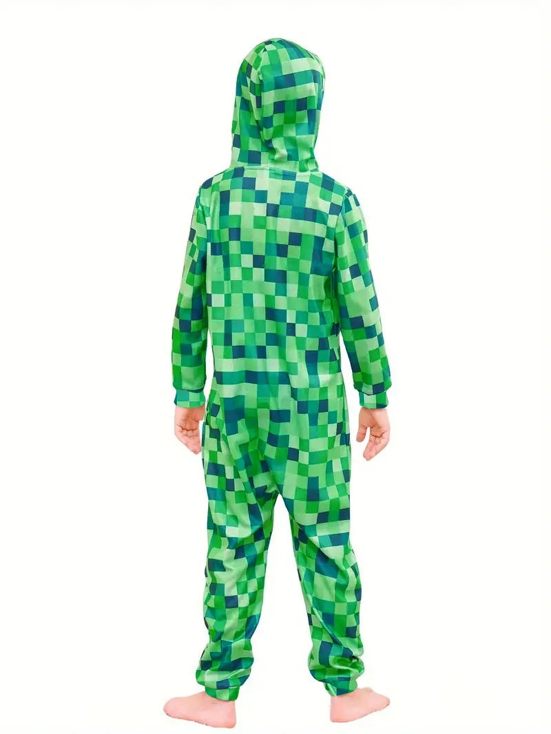 Creeper Game Character Costume 💚🎮 Fun Hooded Boys Jumpsuit - ThiGui
