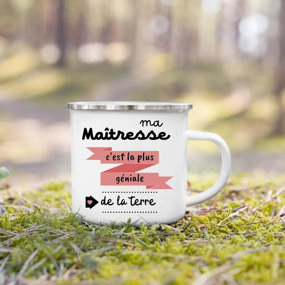 🍵🇫🇷 Merci Maîtresse! Enamel Mug Gift for Teachers with French Charm 🎁💐 - ThiGui
