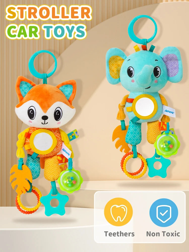 🎠 Hanging Sensory Fun! 🐒 Plush Animal Toy with Teether, Crinkle & Wind Chime for Babies 💕 - ThiGui